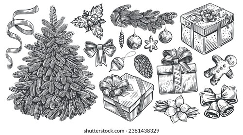 Christmas holiday concept in engraving style. Hand drawn vintage sketch vector illustration