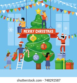 Christmas holiday concept. Small people characters decorating Christmas tree. Flat style vector illustration