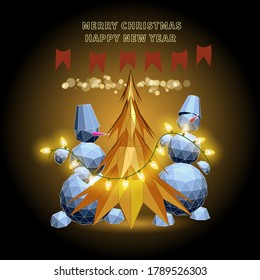 Christmas holiday concept with two snowmans and gold christmas tree in polygonal cartoon style on dark  background.