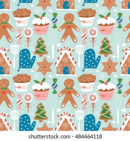 Christmas holiday cookies baking seamless pattern. Hand drawing vector illustration