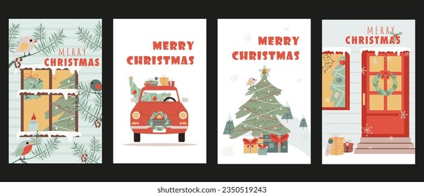 Christmas holiday cover brochure set in trendy flat design. Poster templates with festive fir tree with toys in snowy window, birds on branches, door and car with decor and gifts. Vector illustration.