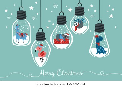 Christmas holiday cute animals in hanging light bulbs.  Childish print for cards, stickers, banners and party invitations. Vector Illustration