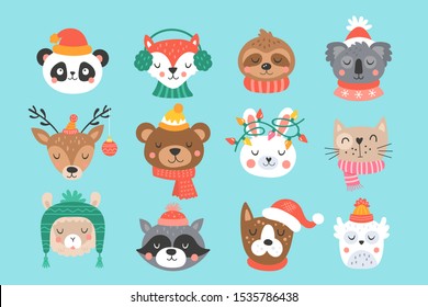 Christmas holiday cute animals set. Childish print for cards, stickers, apparel and nursery decoration. Vector Illustration