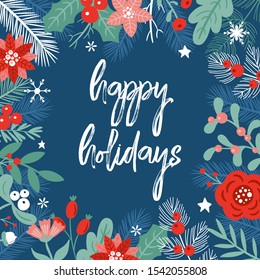 Christmas holiday cute background design with floral elements. Childish print for cards, banners and invitations. Vector Illustration