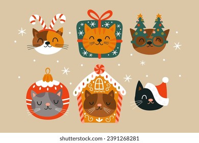 Christmas holiday cute cat character set. Childish print for cards, stickers, apparel and decoration