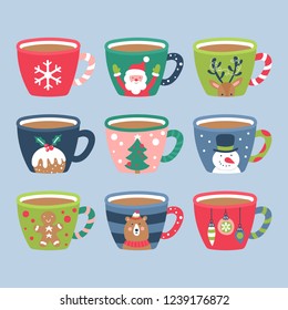 Christmas holiday cute cocoa chocolate cup elements set. Childish print for cards, stickers, apparel and nursery decoration. Vector Illustration