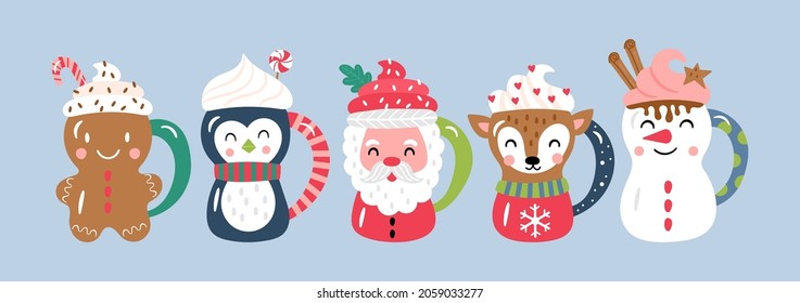 Christmas holiday cute cocoa chocolate cup set. Childish print for cards, stickers, apparel and decoration. 