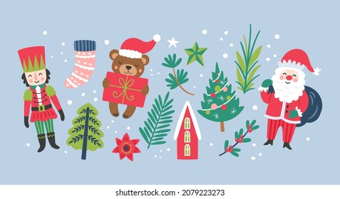 Christmas holiday cute element set. Childish print for greeting cards, stickers and party invitations. Vector illustration