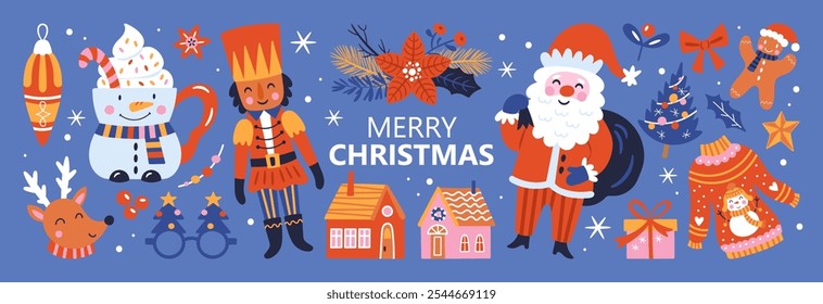 Christmas holiday cute element set. Childish print for greeting cards, stickers and party invitations. Vector illustration