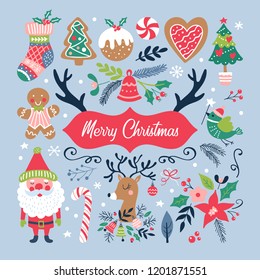 Christmas holiday cute elements set. Childish print for cards, stickers, apparel and nursery decoration. Vector Illustration