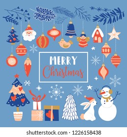 Christmas holiday cute elements set. Childish print for cards, stickers, apparel and nursery decoration. Vector Illustration