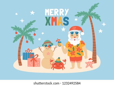 Christmas holiday cute elements set with Santa Claus on sea beach. Childish print for cards, stickers, apparel and nursery decoration. Vector Illustration