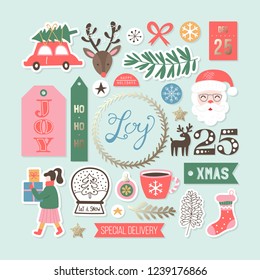 Christmas holiday cute elements set. Childish print for cards, stickers and gift tags decoration. Vector Illustration