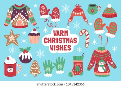 Christmas holiday cute elements set with sweater, cookies and hot chocolate cup. Childish print for cards, stickers, decor and apparel. Vector illustration