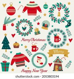 Christmas holiday cute elements set. Pretty print for cards, stickers, apparel and decoration. Christmas wreaths, tree, gingerbread house, socks, sweaters, hot chocolate, tree decorations. Vector