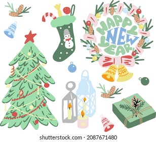 Christmas holiday cute elements set includes Christmas tree, Christmas wreath, Christmas boot with sweets, decorative lantern, spruce cone and ball. Vector illustration in hand draw cartoon style.