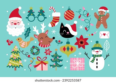 Christmas holiday cute elements set. Childish print for cards, stickers, apparel and decoration