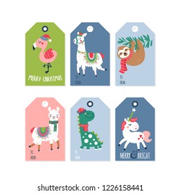 Christmas holiday cute gift tags and labels set with llama, dinosaur, unicorn, flamingo and sloth characters. Vector Illustration