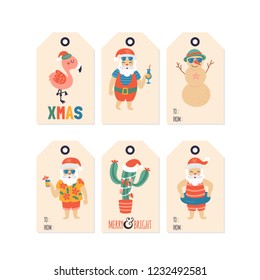 Christmas holiday cute gift tags and labels set with Santa Claus character on sea beach. Vector Illustration