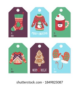Christmas holiday cute gift tags and labels set with ugly sweater, cookies and hot chocolate cup. Childish print. Vector Illustration