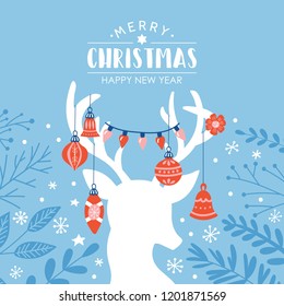 Christmas holiday cute greeting card design. Childish print for cards and nursery decoration. Vector Illustration