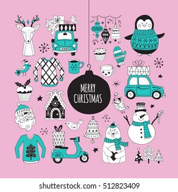 Christmas holiday cute hand drawing elements and stickers for graphic and web design