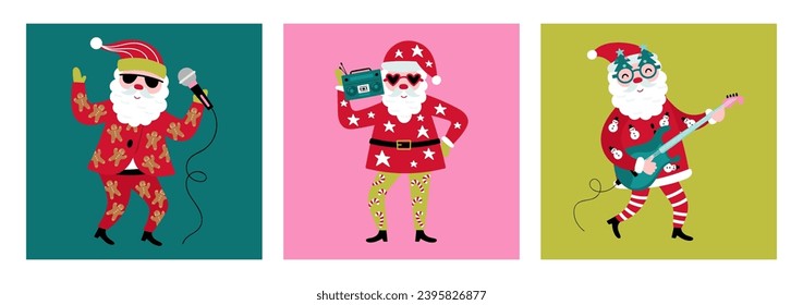 Christmas holiday cute Santa character card set. Santa singing, playing guitar and dancing. Childish print for cards, stickers, apparel and decoration