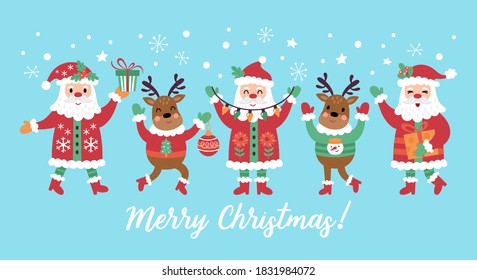 Christmas holiday cute Santa Claus and reindeer character set. Childish print for cards, stickers, apparel and decoration. Vector Illustration