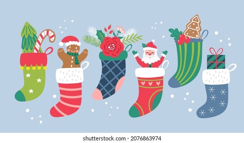Christmas holiday cute sock set. Childish print for cards, stickers and party invitations. Vector illustration