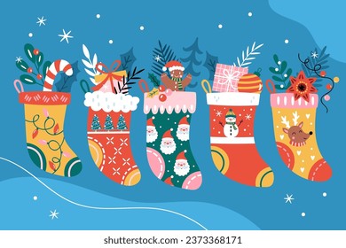 Christmas holiday cute sock set. Childish print for cards, stickers and party invitations. Vector illustration