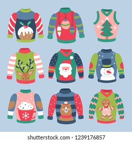 Christmas holiday cute ugly sweater elements set. Childish print for cards, stickers, apparel and nursery decoration. Vector Illustration