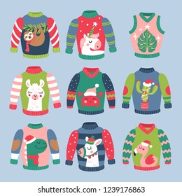 Christmas holiday cute ugly sweater elements set. Childish print for cards, stickers, apparel and nursery decoration. Vector Illustration