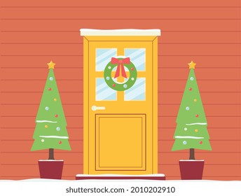 Christmas holiday decorated doorway background with wreath and garlands, flat vector illustration. Backdrop or layout template for winter greeting cards.