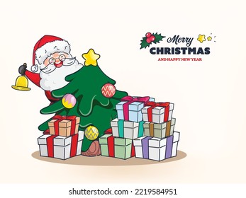 Christmas holiday decoration background santa claus man with gift box and Happy new year winter holiday.
