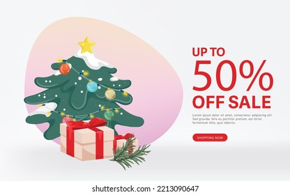 Christmas holiday decoration background with Tree Gift box and santa claus man isolated vector illustration. Happy new year winter holiday.
