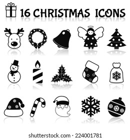 Christmas holiday decoration black icons set with deer wreath bell angel isolated vector illustration