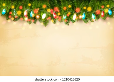 Christmas holiday decoration with branches of tree and colorful garland. Vector.