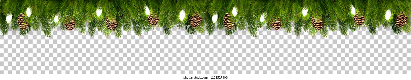 Christmas holiday decoration with branches of tree and garland on transparent background. Vector.