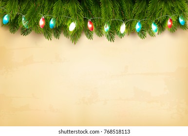 Christmas holiday decoration with branches of tree and colorful garland. Vector.