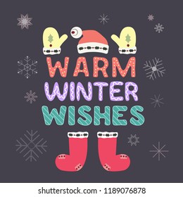 Christmas Holiday decoration. Colorful playful cartoon. Doodle showflake. Fancy festive lettering Winter season wishes. Vector winter seasonal holiday greeting card. New Year eve fun banner background