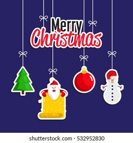 Christmas holiday decoration. Colorful toy, tree, Santa with wish list, snowman hanging on ropes vector. Merry Christmas and Happy New Year concept for greeting card, Xmas party invitation