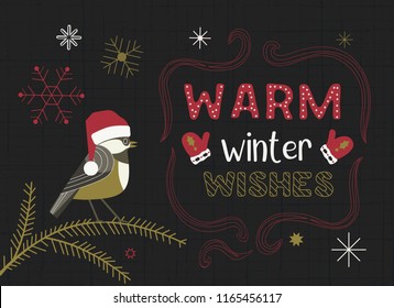 Christmas Holiday decoration. Cute cartoon Chickadee in santa red hat. Fancy festive lettering Winter season wishes. Vector winter seasonal holiday greeting card. New Year eve fun banner background
