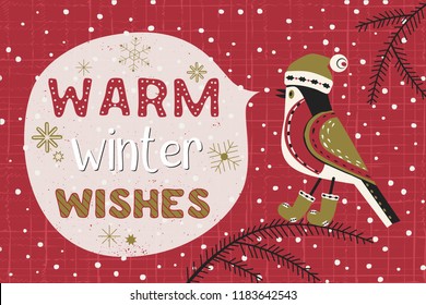 Christmas Holiday decoration. Cute cartoon bird in hat on christmas tree. Fancy festive lettering Winter season wishes. Vector winter seasonal holiday greeting card. New Year eve fun banner background