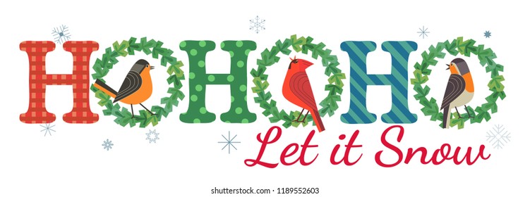 Christmas Holiday decoration. Cute winter bullfinch, robin, red cardinal bird in xmas wreath. Fancy letters text Ho-Ho-Ho colorful cartoon. Template for New year season event banner, greeting flyer