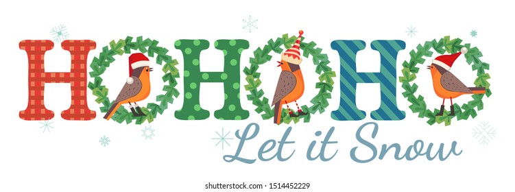 Christmas Holiday decoration. Cute winter bird in elf, red Santa hat, xmas tree wreath. Fancy letters fun text Ho-Ho-Ho colorful cartoon. Template for New year season event banner, greeting eve flyer
