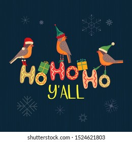 Christmas Holiday decoration. Cute winter bird in elf, red Santa hat, xmas tree wreath. Fancy letters fun text Ho-Ho-Ho colorful cartoon. Template for New year season event banner, greeting eve flyer