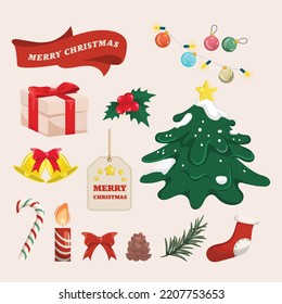 Christmas holiday decoration decorative icons set with Gift, bow, candy cane, pine isolated vector illustration.