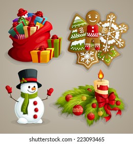 Christmas holiday decoration decorative icons set with gifts cookies snowman candle isolated vector illustration