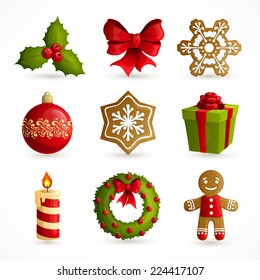 Christmas holiday decoration decorative icons set with mistletoe bow snowflake cookie isolated vector illustration