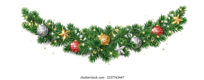 Christmas holiday decoration. Fir tree garland, divider. Gold and red glitter ornaments. Sparkling balls, stars and ribbons. For new year banners, headers, cards, party posters. Vector.